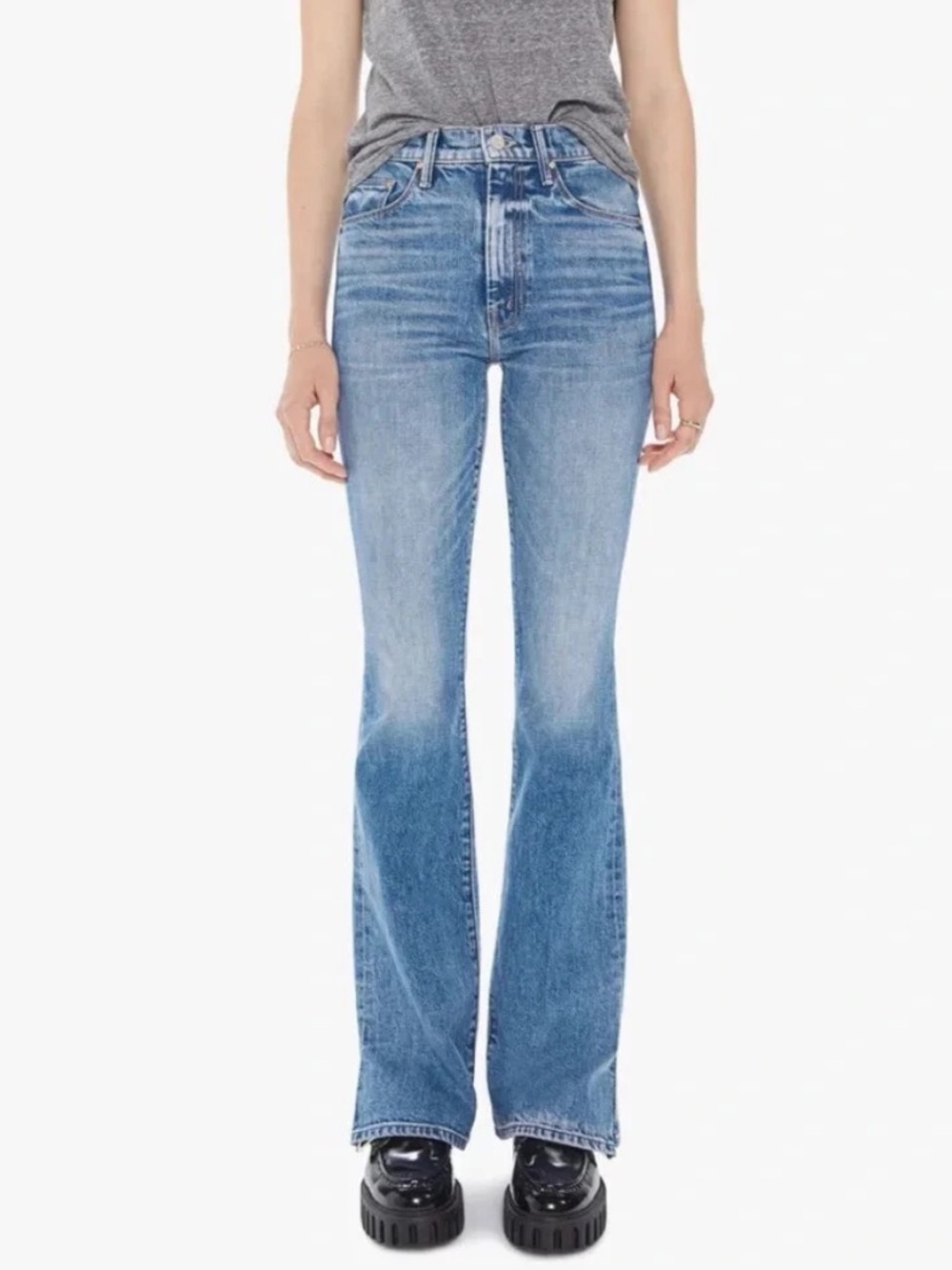 MOTHER High-Waist Weekender Slice Heel Flare Jeans Mid-Blue Wash Belle De Jour